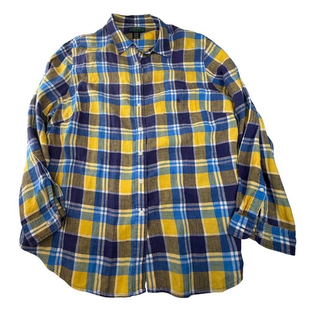 Lauren Ralph Lauren Linen Plaid Button‎ Down Shirt Preppy Resort Summer L